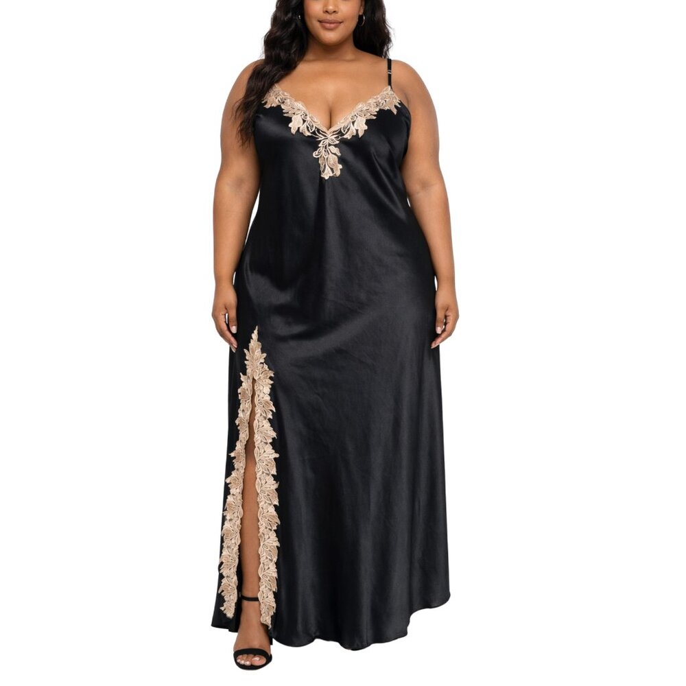 SHEIN Whimsigoth Lace Trim Maxi Slip Dress Black Satin High Slit Gown 2XL